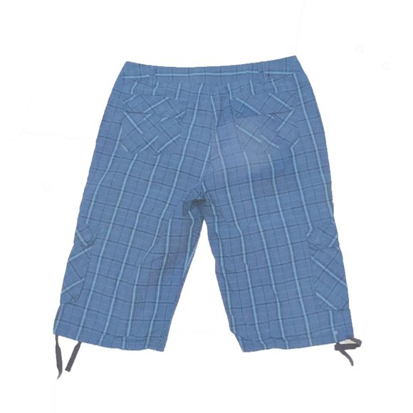 LIFE IS GOOD Blue Plaid JOURNEY CARGO CAPRI SHORTS Sz 14 euc cotton - Picture 2 of 2